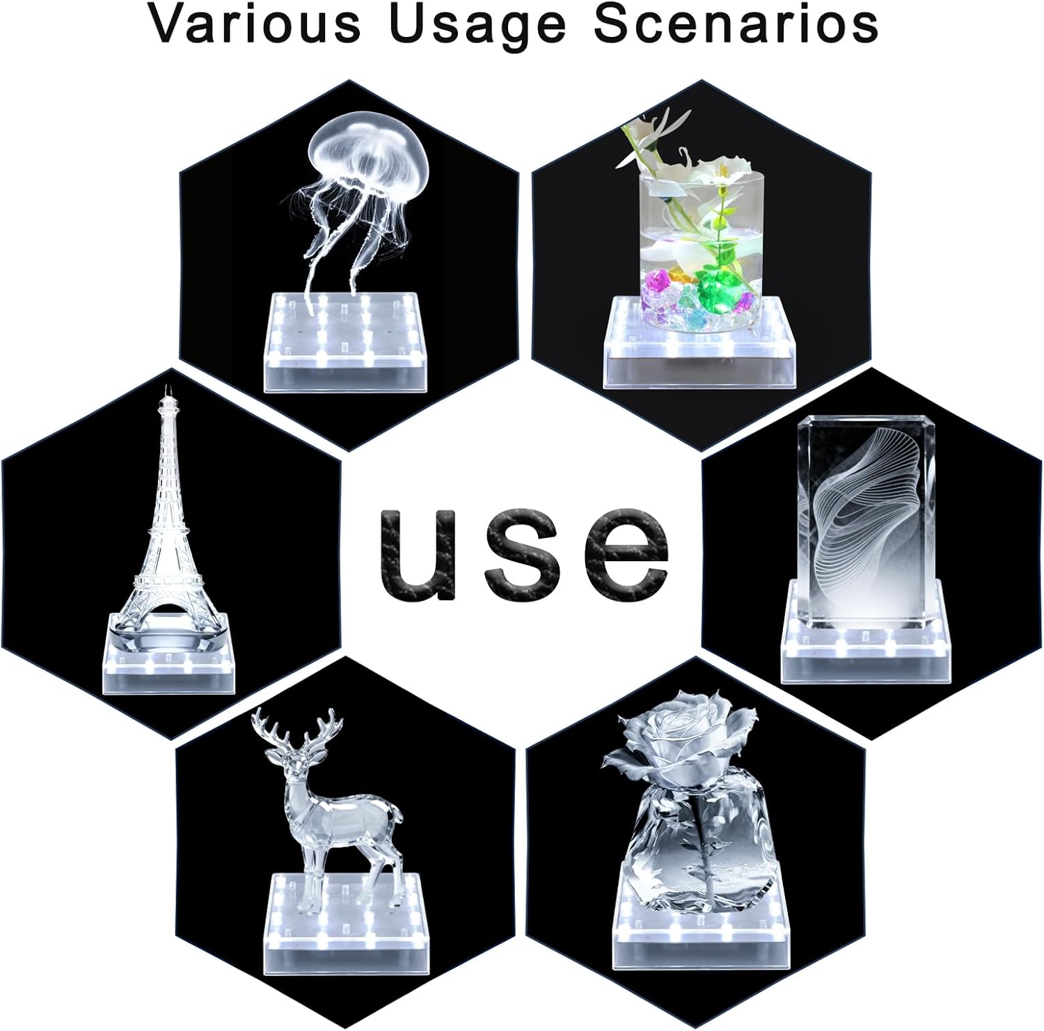 LARDUX Pack of 4 Led Light Base - 5 inch Square Lights Display Stand for Effiel Tower Vase Crystal Glass Art LED Pedestal Base - Charging USB or Battery Powered