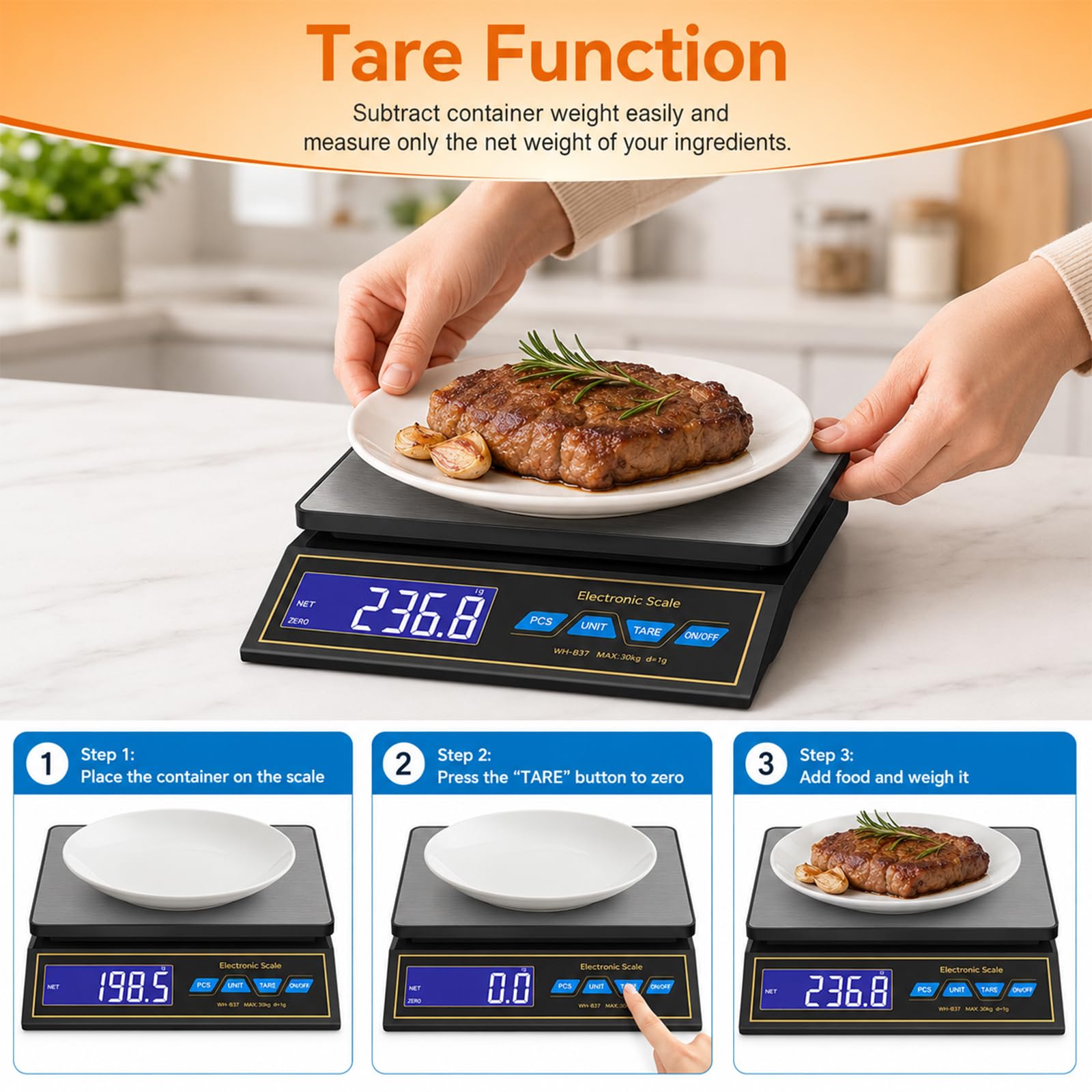 Küchenwaage Digital 30kg mit PCS Stückzählung und Tara, Paketwaage bis 30kg mit 9 Gewichtseinheiten umschaltbar 6 Zeitstufen Auto-Off, Lebensmittelwaage Groß für Gastronomie Versand und Backen
