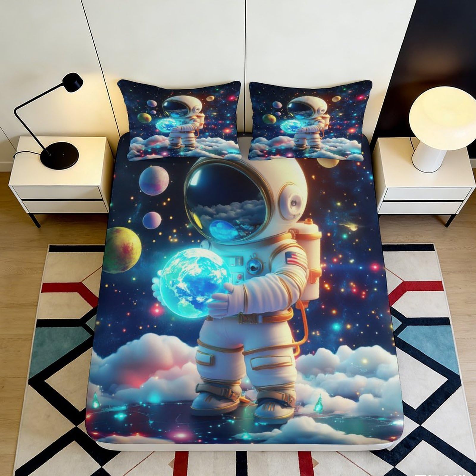 3D Printed Astronaut Galaxy Fitted Sheet Microfiber Soft Breathable Cosmic Nebula Bed Sheet for Adult Teen Bedroom Dormitory Mattress Protection 180x200x25cm