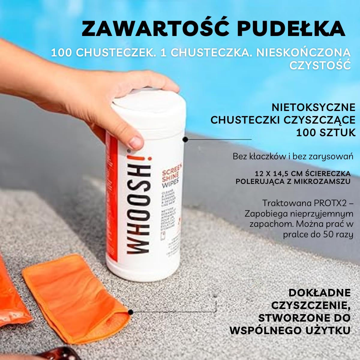 WHOOSH! Chusteczki do Czyszczenia Ekranu 70 szt., Bez Alkoholu, Bez Smug, TV OLED, Laptop, Smartfon, Okulary, Ściereczka Microsuede Gratis