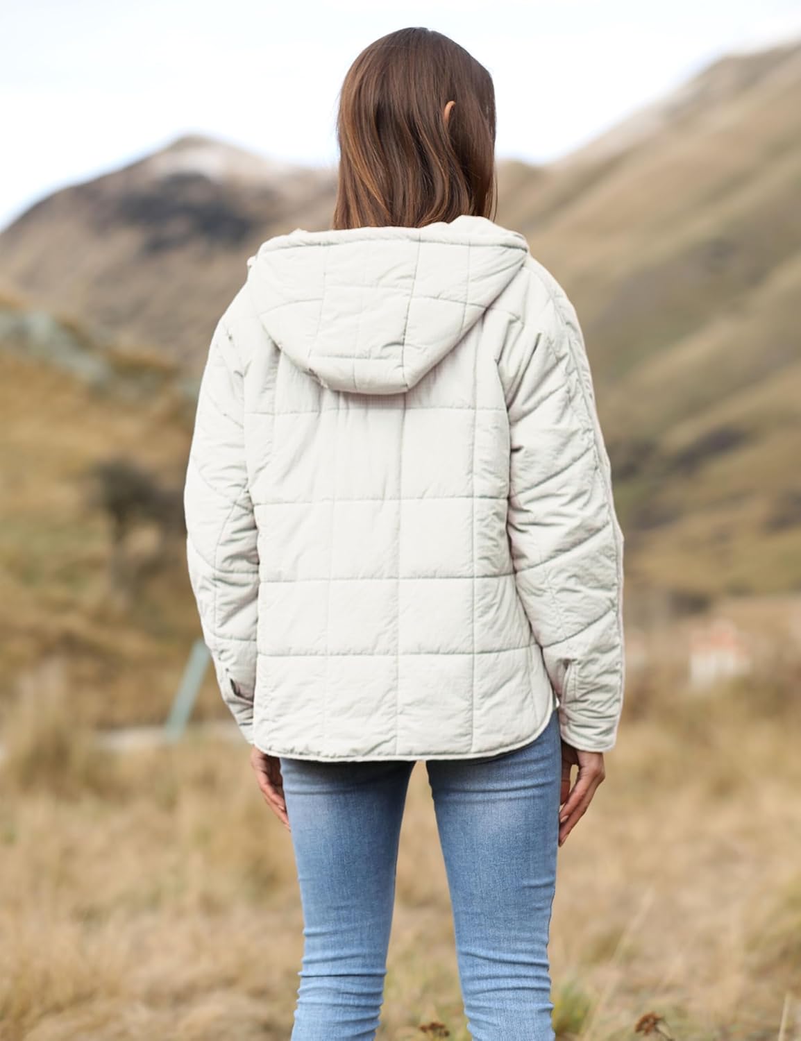 Women's Pullover Puffer Jacket Quilted Lightweight Dolman Sleeve Button Down Hooded Padded Coat with Pocket - Image 4