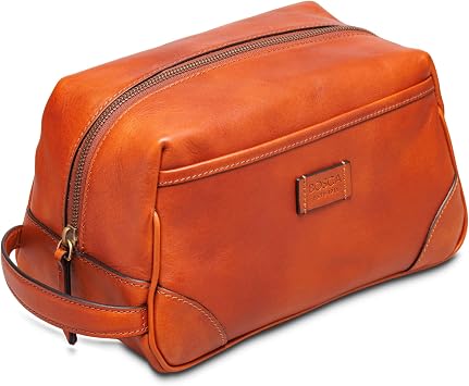 Bosca Leather Toiletry Bag for Men - Dolce Italia Biggie Italian Made Shave Kit Mens Dopp Kit, Spacious Interior - Brown