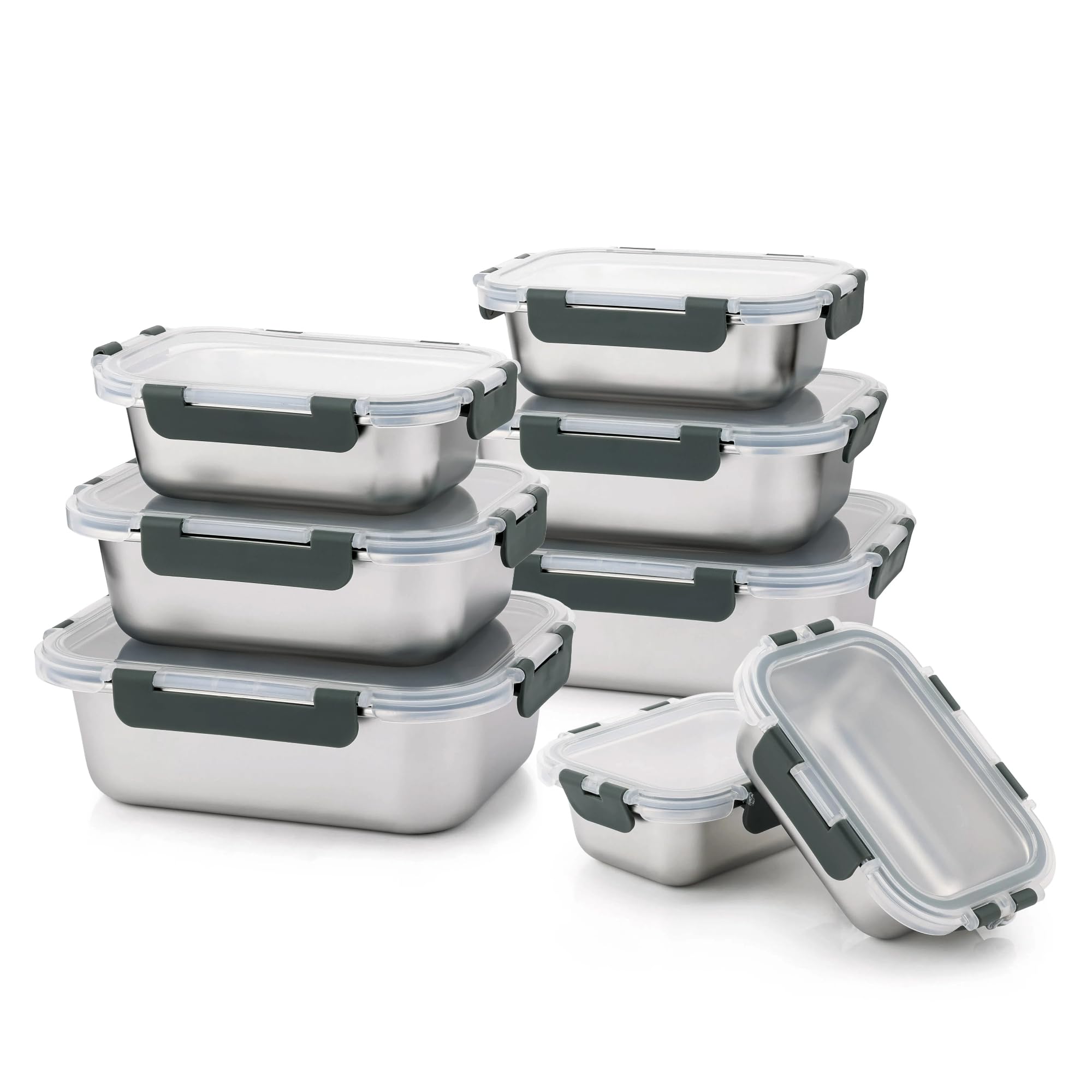 8 PCS Stainless Steel Lunch Box, 4-Size (58/41 /24 /14Oz) Stackable Metal Bento Boxes BPA Free Dishwasher Safe, Food Storage Containe, Leakproof Reusable Meal Storage for Work,Travel (Gray)