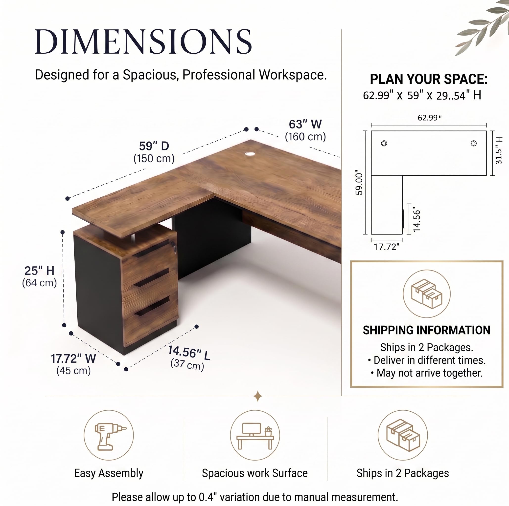 Scrivania direzionale a forma di L, 160 cm, con cassetti bloccabili e pannello per la privacy, scrivania da ufficio in un unico pezzo, reversibile, design moderno, per casa o ufficio