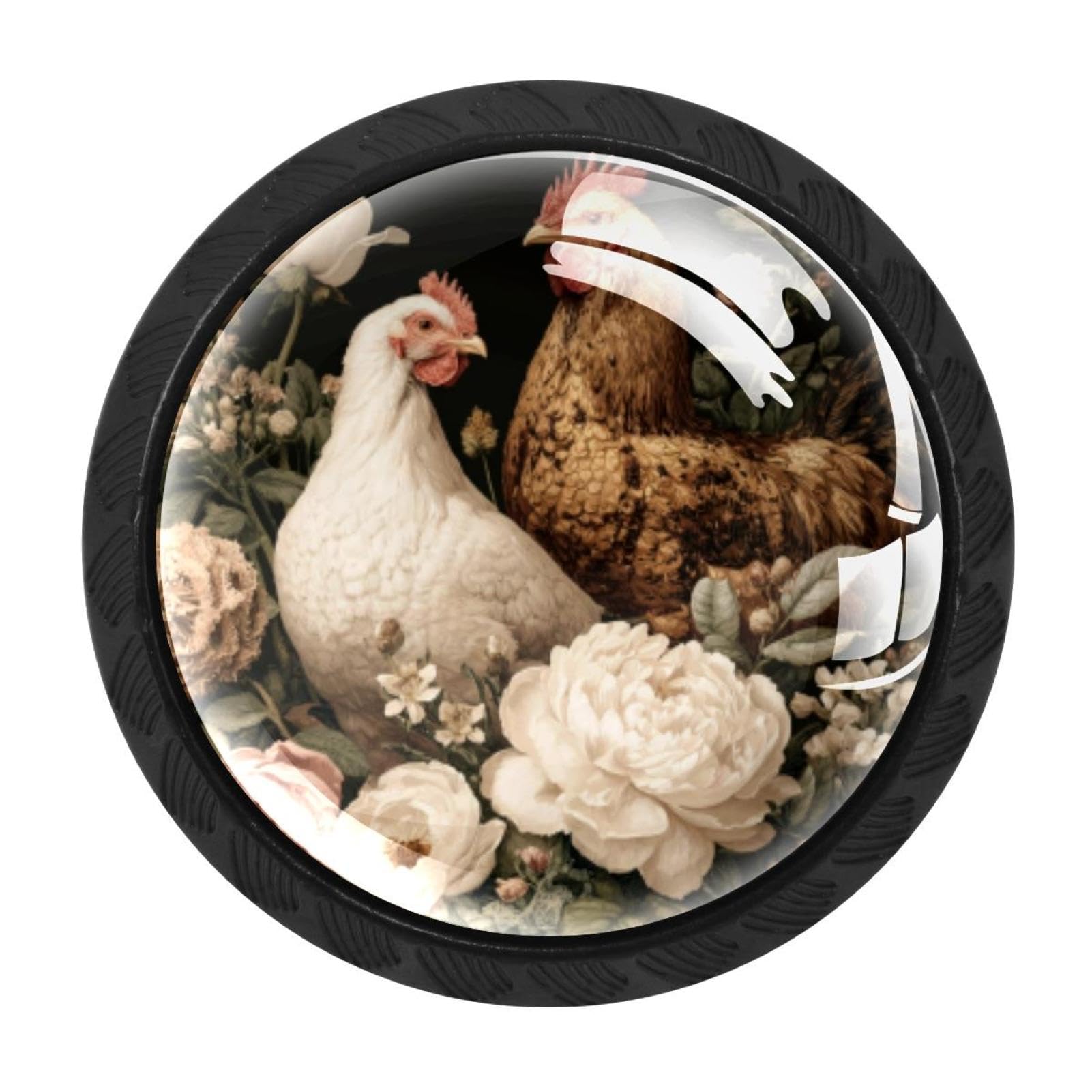 CHENZZZZ 4 Pack Black Chickens and Floral Kitchen Handles, Cabinet Pulls Hardware for Cupboard Drawer Knobs Dresser Pulls