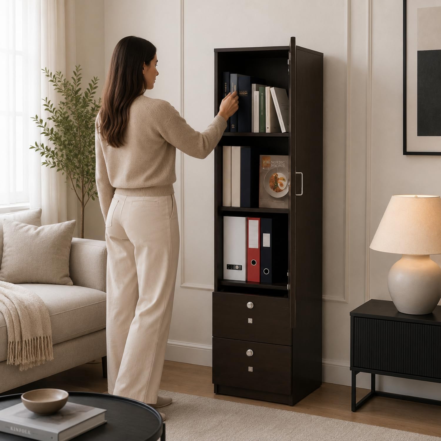 GRATUS Duston Wooden Bookshelf | Storage Rack with Glass Shutters & 2 Drawers | Wooden Book Organizer with German Hardware | Home Study Bedroom & Kids Room Furniture | Modern Display Shelf-image-45
