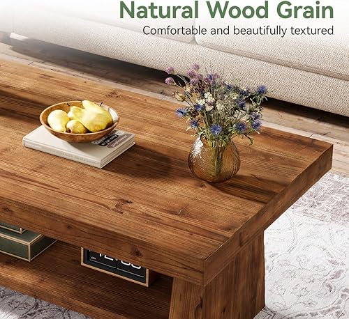 Miniatura 7 de Mesa de centro de madera maciza, mesa de centro de madera rústica de 47 pulgadas para sala de estar, mesa central rectangular de 2 niveles con