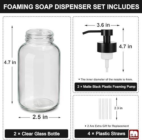 Miniatura 7 de GMISUN - Dispensador de jabón de espuma, paquete de 2 dispensadores de jabón de vidrio transparente de 8.5 fl oz  8.5 fl oz para baño y cocina,