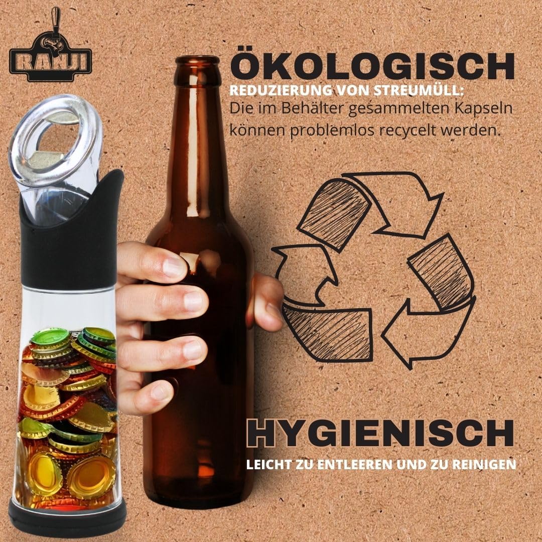 Ranji - Flaschenöffner mit integriertem Behälter – Kronkorken einfach sammeln und recyceln | Cooler Flaschenöffner für Bierliebhaber