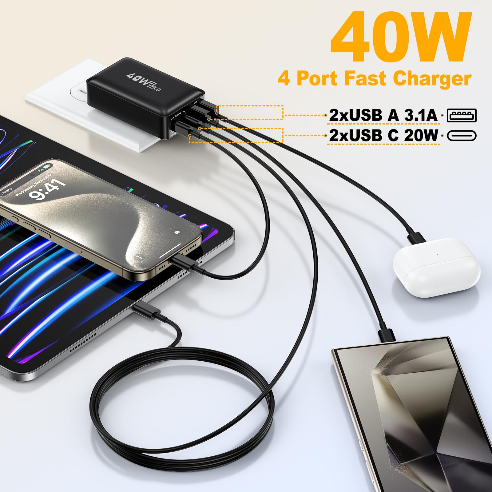 USB C Charger Block, Excgood 40W Flat 4Port USB Wall Plug Dual PD QC Fast Charging Travel Power Adapter Multiport Compatible with iPhone 15 iPad Pro Galaxy S24 Ultra, with 6ft USB C to C Cable