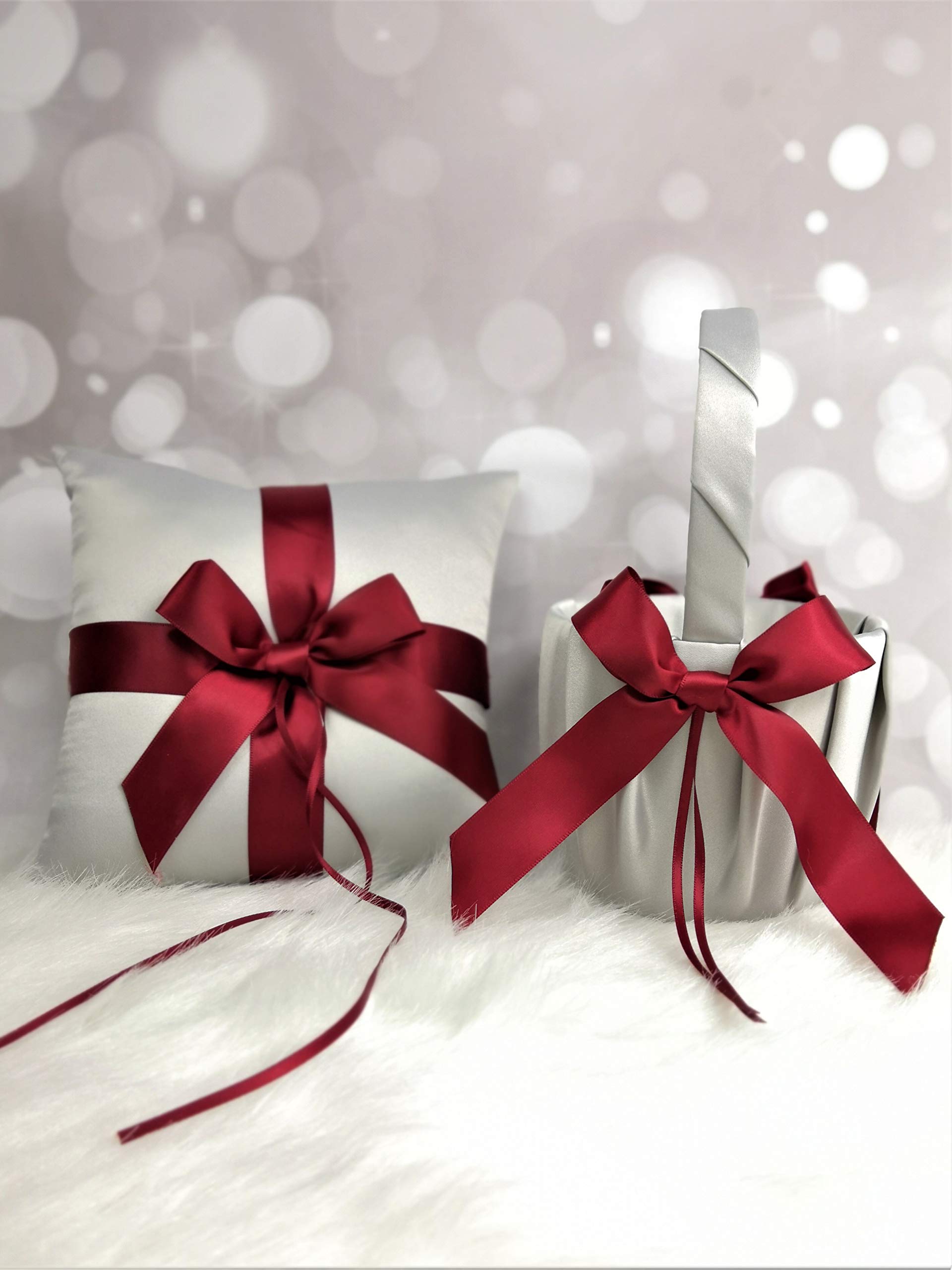 Abbie Home Flower Silver Girl Basket + Ring Pillow Satin Cover with Burgundy Ribbon Bow Décor Party Favor Set-Silver+Burgundy Set