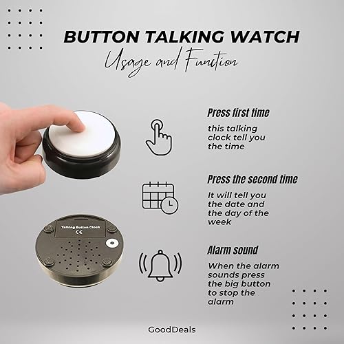 Miniatura 2 de Reloj despertador con botón parlante, simplemente pulsa el reloj parlante para personas mayores, niños y adultos jóvenes. Reloj de botón con día y