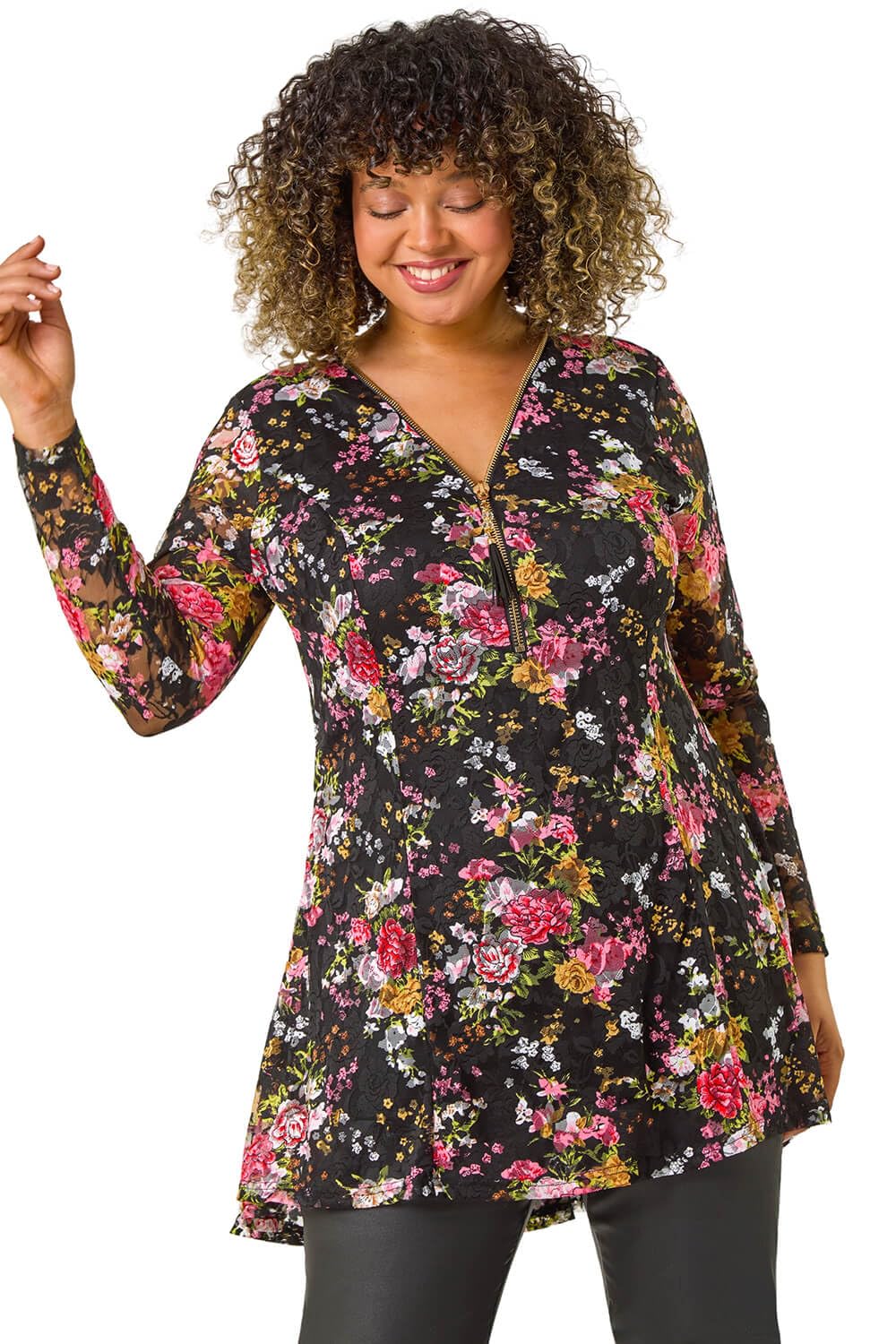 Roman Curve Floral Print V-Neck Zip Front Top for Women UK - Ladies Everyday Autumn Winter V-Neckline Comfy Soft Evening Vacation Work Party Night Out - Pink Plus - Size 18