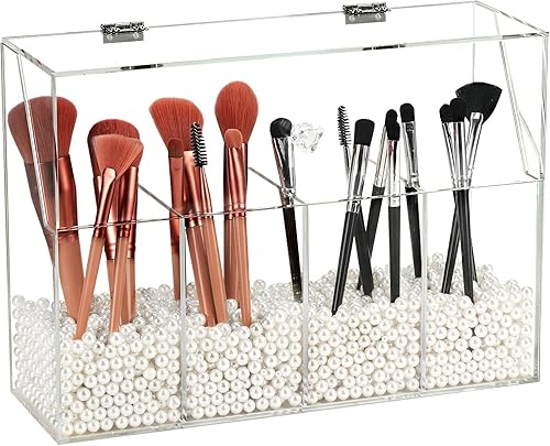 Miniatura 1 de Organizador de maquillaje acrílico, caja de almacenamiento transparente para brochas de cosméticos con 4 soportes para cepillos, soporte para