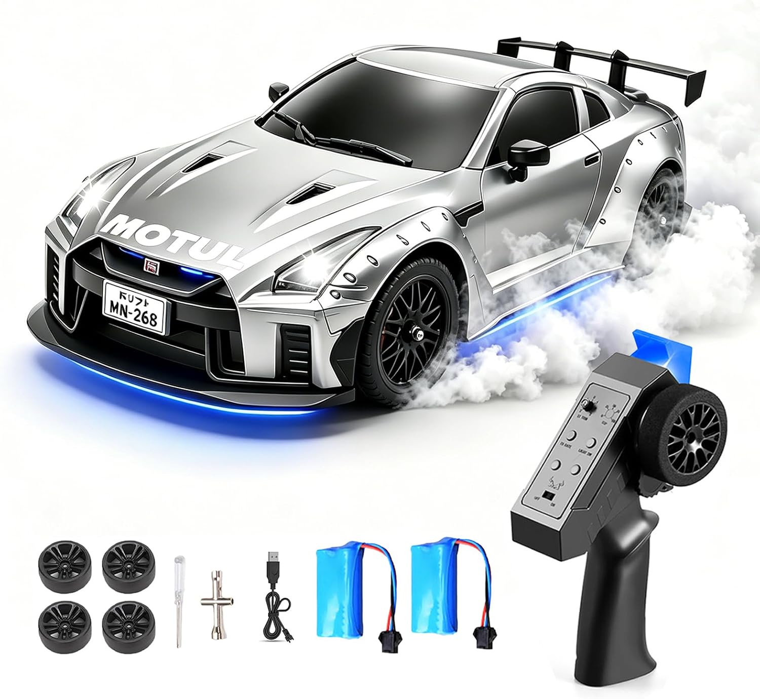MN-268 RC Drift Car, 1:16 Scale High Speed 20 KPH Racing Drift Car with Gyro, LED Lights and Drift Tires, 2.4G Hobby RC Cars Gift for Adults and Teens (Silver)