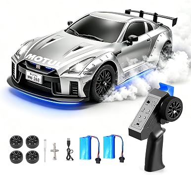 MN-268 RC Drift Car, 116 Scale High Speed 20 KPH Racing Drift Car with Gyro, LED Lights and Drift Tires, 2.4G Hobby RC Cars Gift for Adults and Teens Silver