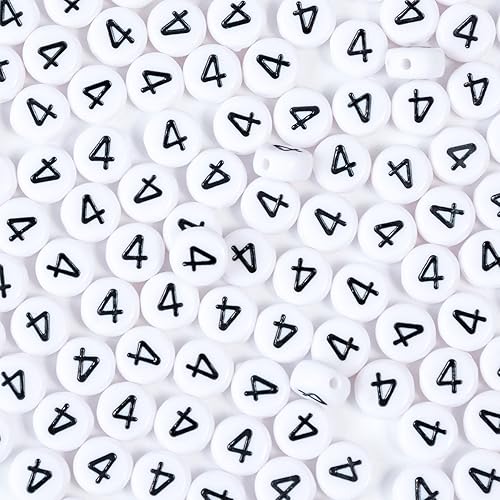 Miniatura 1 de 200 cuentas blancas del número 4 para pulseras, cuentas acrílicas de un solo número, 4 cuentas, 0.157 x 0.276 in, cuentas planas y redondas de
