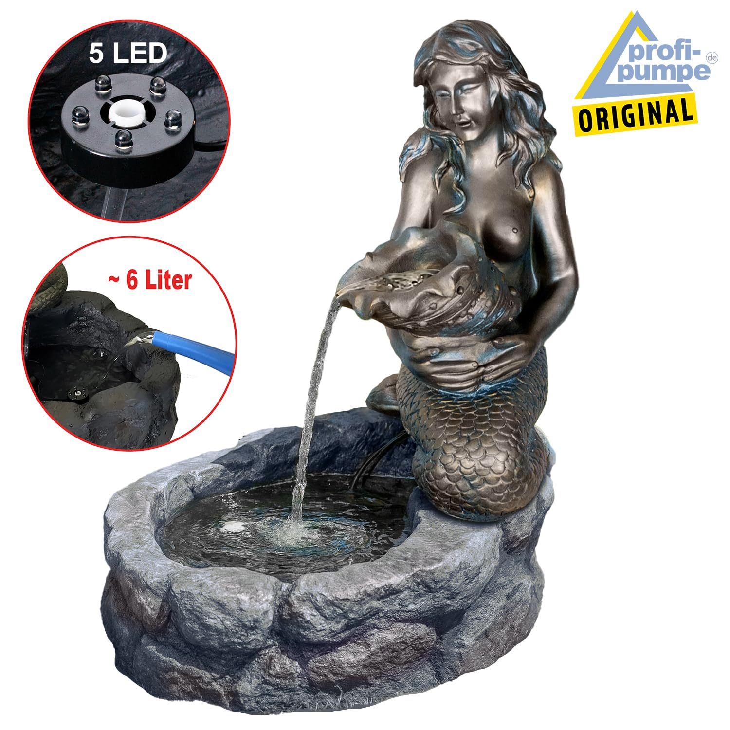 Solar Gartenbrunnen mit 5W Li-Ion-Akku-Solarpanel 9V 555mAh LED-Licht Teichpumpe Meerjungfrau Fördermenge 250l/h 60.000 Stunden für außen Terrasse, Balkon