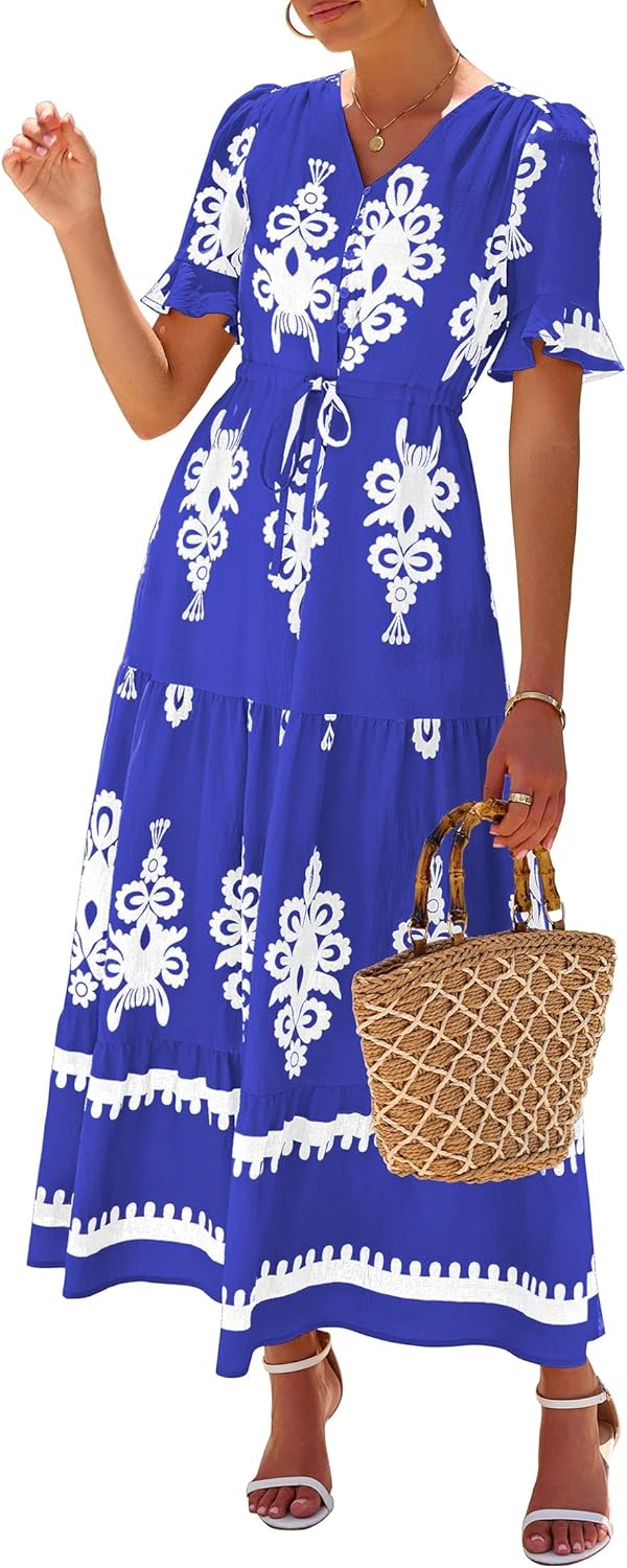 Lazysmile Summer Dresses for Women Short Sleeve V Neck Floral Drawstring Flowy A Line Boho Maxi Dress with Pockets