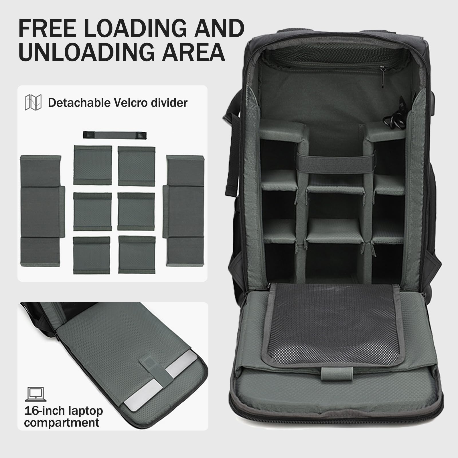 Zaino Fotografico Multifunzionale, Borsa Fotografica con Scomparto per Laptop da 16 Pollici e Antifurto, Zaino Impermeabile per Treppiede, Fotocamera, Obiettivi e Accessori (Grigio)