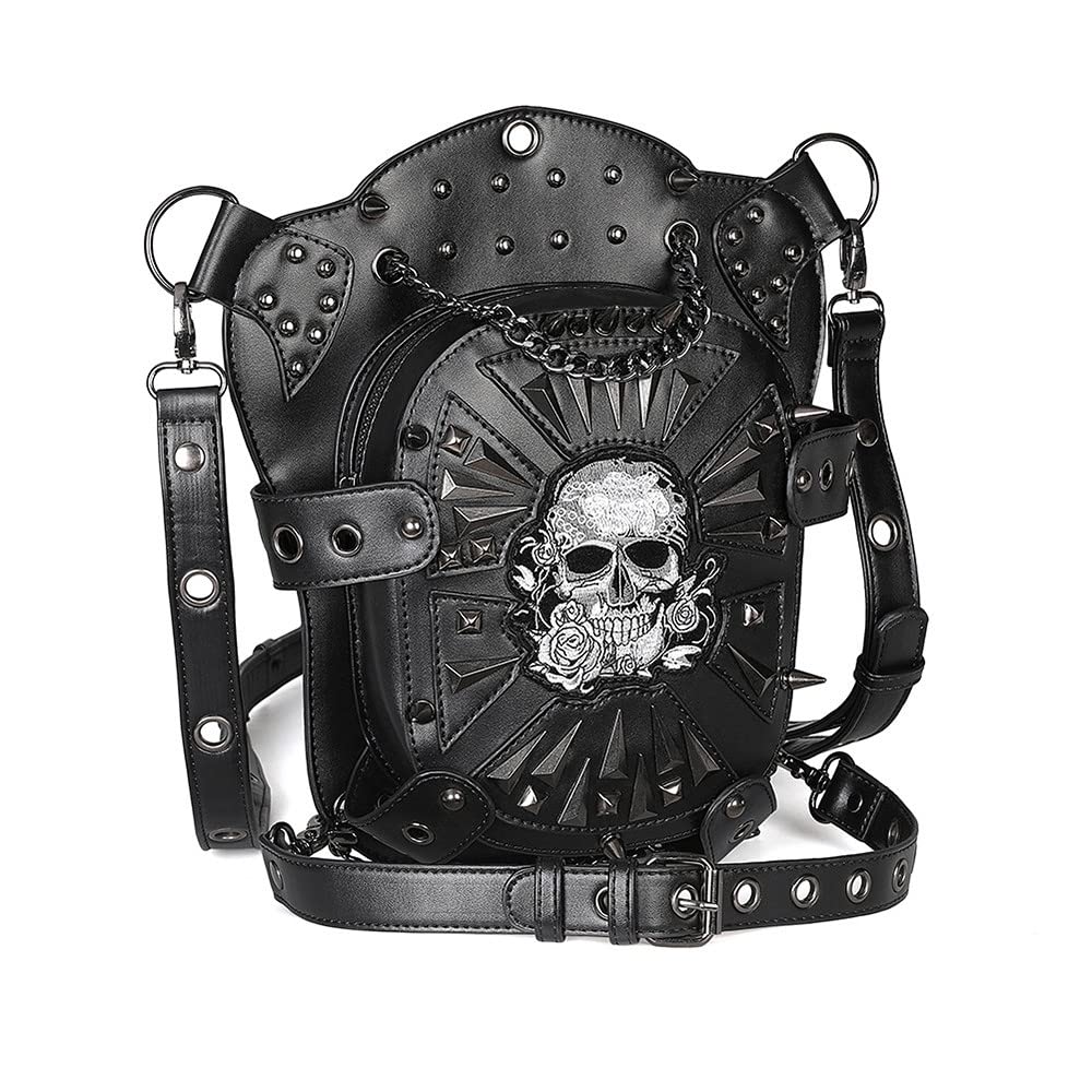 Bolso de pierna steampunk con correa ajustable y calavera de cuero para moto 7