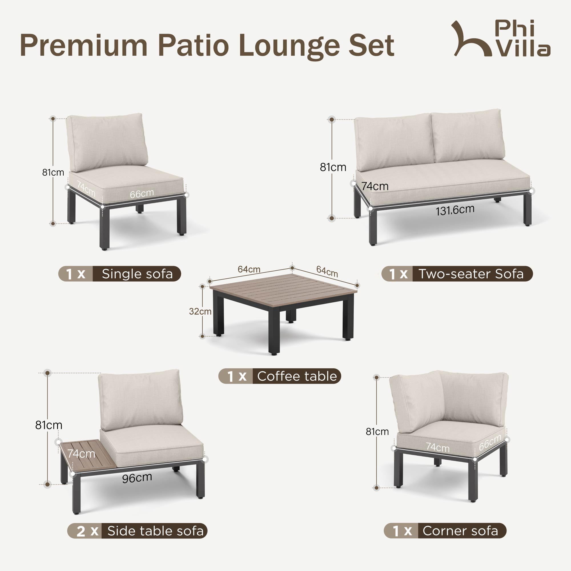 PHI VILLA Gartenmöbel Balkonmöbel Set 6 Teilig, Metall Lounge Möbel Outdoor Gartenlounge Set 6-Sitzer, Terrassenmöbel Modulare Möbel mit Verstärkten Kissen und Kaffeetisch, Beige