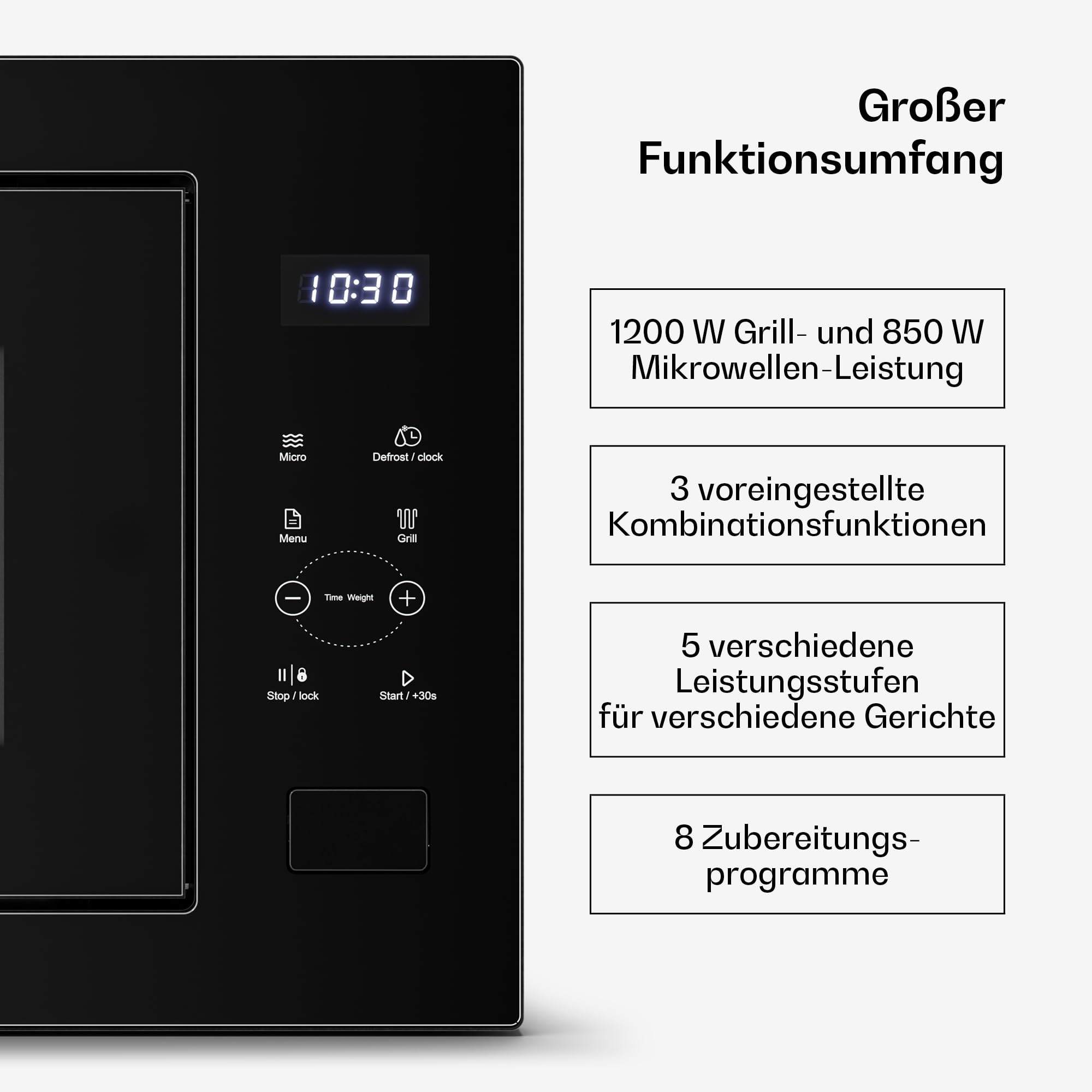 Klarstein Velaire Einbaumikrowelle 60 cm mit Grill – 25L, 850W Mikrowelle & 1200W Grill, 8 Programme, Touch, Edelstahl, Timer, Mikrowelle Einbaugerät, Schwarz