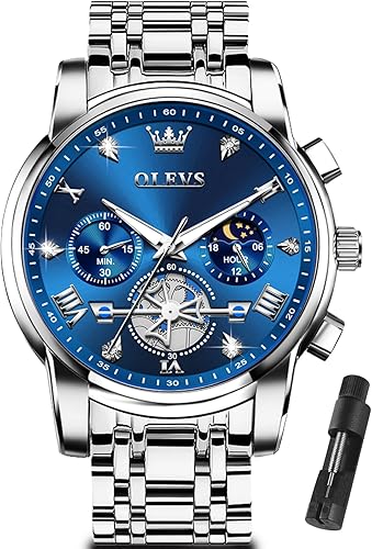 OLEVS Relojes para hombre de plata, reloj de cronógrafo de acero inoxidable para hombre, reloj analógico de cuarzo de cara grande para hombre de