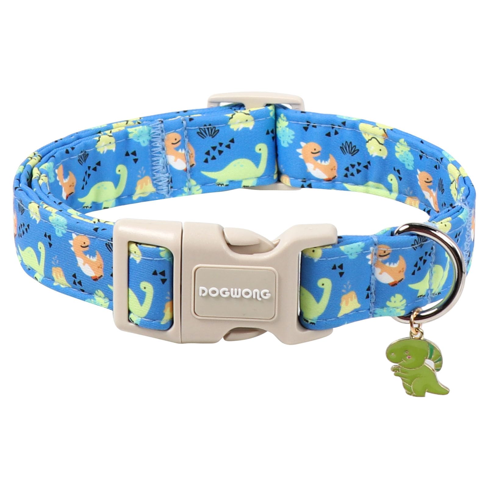 DOGWONG Blue Dog Collar, Adjustable Soft Natural Fabric Boy Pet Dog Collar Cute Dinosaur Dog Collars for Small Medium Large Dogs