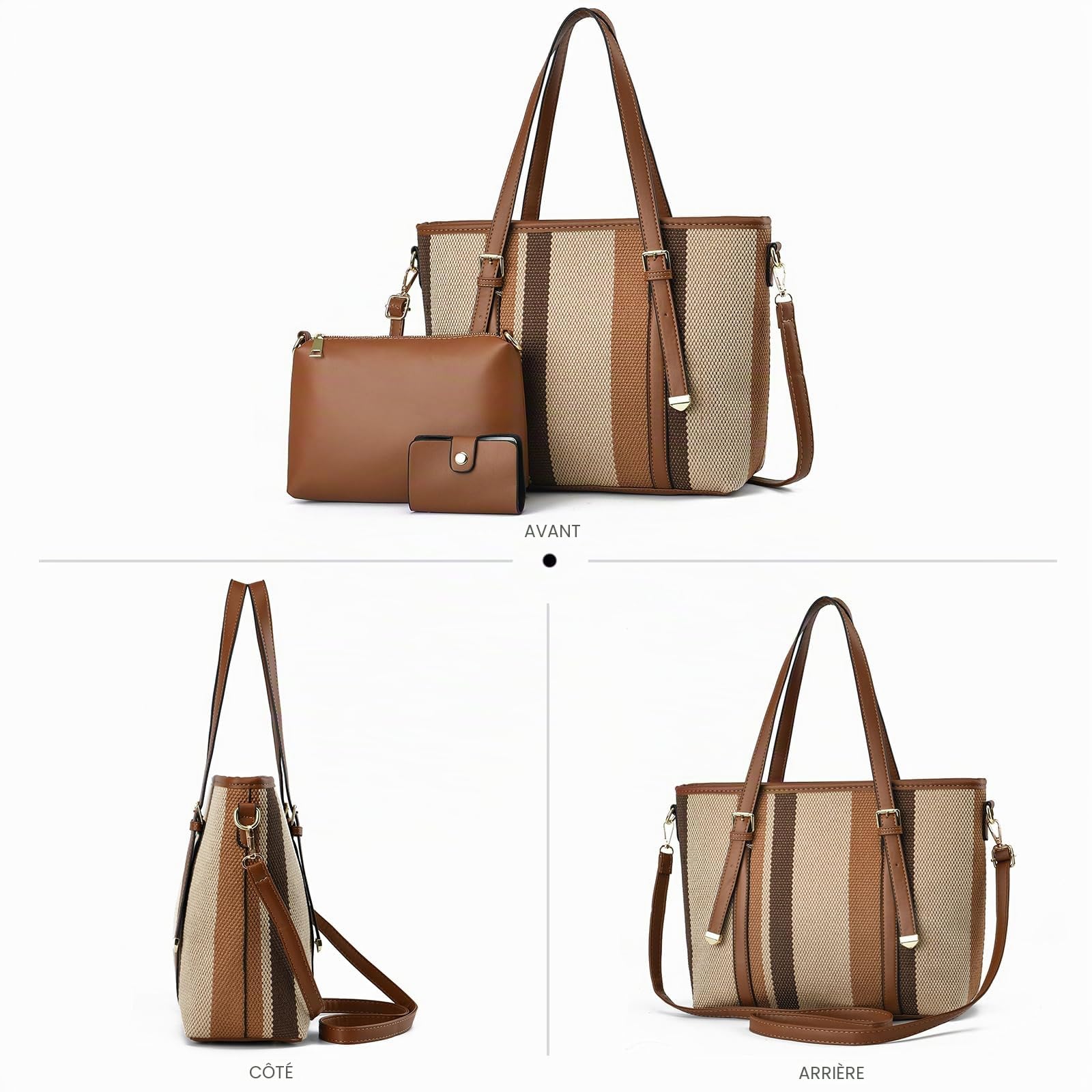 NICOLE & DORIS Ensemble Sac à Main Sac Fourre Tout Rayé Grand Sac Bandoulière Cabas Sac D'épaule Cuir PU 3 Pièces Sac avec Portefeuille pour Travail Shopping Voyage