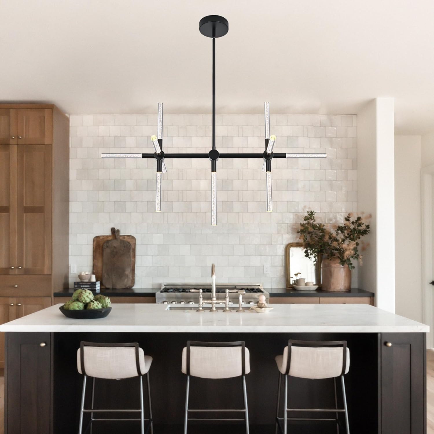 MELUCEE 32.8" LED Linear Pendant Light Black 11-Light Bubble Crystal Dimmable LED Chandeliers for Dinning Room 26W 3000K Warm Lighting Island Lights for Kitchen Island Dining Table Bar