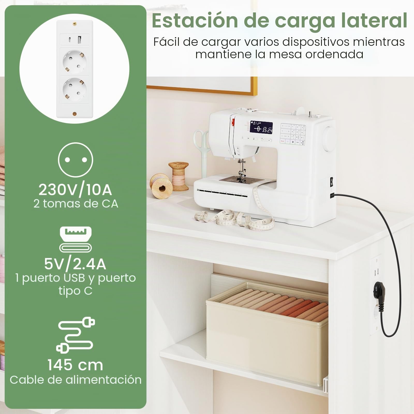 GIANTEX Armario de Costura Plegable con 5 Ruedas, Mesa de Coser con Estación de Carga, 3 Compartimentos y 1 Estante Abierto, para Dormitorio, Salón y Estudio (Blanco, 116x41x78cm)