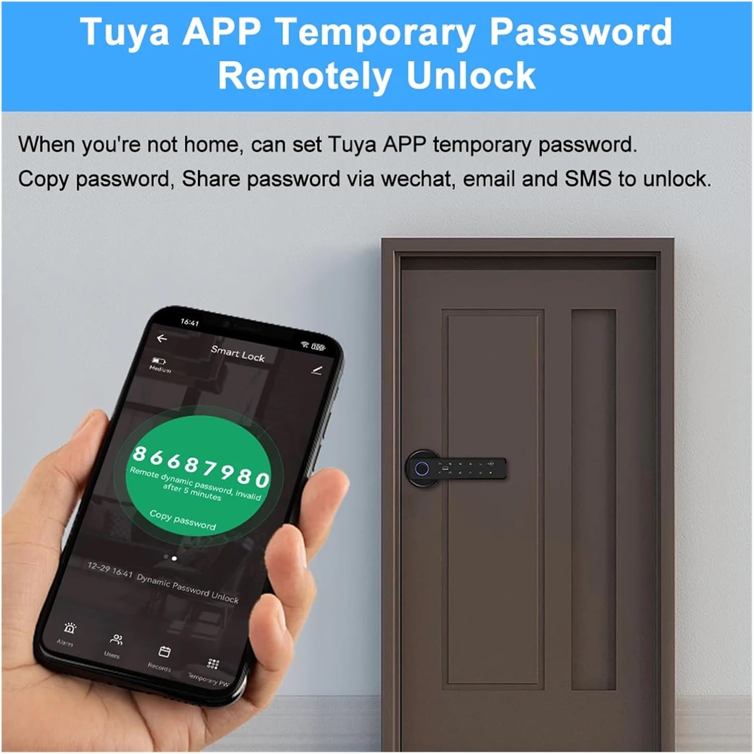 Smartphone screen displaying the Tuya APP with a temporary password, next to a smart door lock on a door.