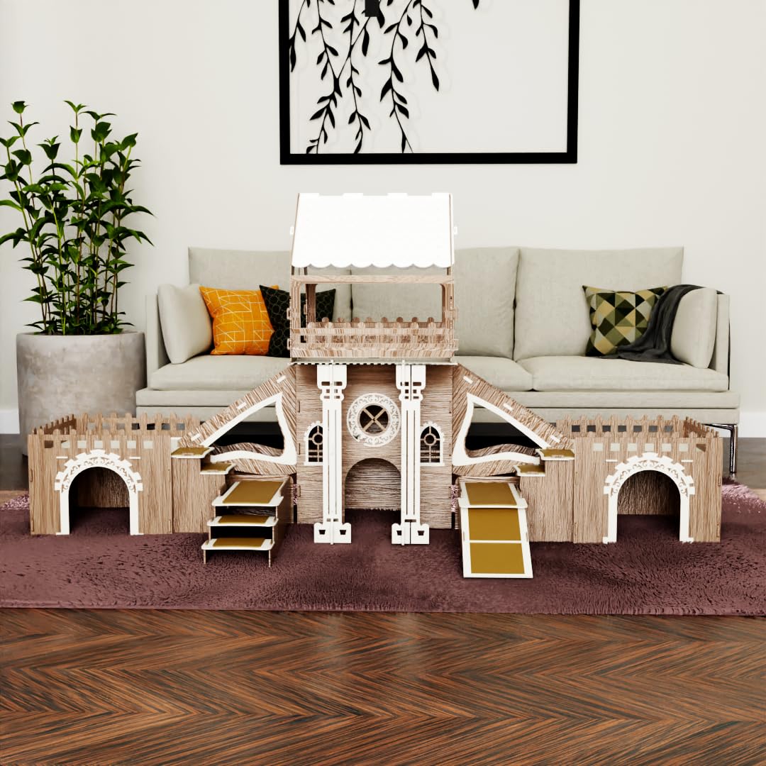 Colony Kaninchenhaus – 3 Etagen mit Terrasse & Holzbrücke – Für 4 Kaninchen geeignet – Indoor Stall aus Holz – Mit Rampen & Kissen – Modernes Kleintiermöbel (Eiche-Weiß, N)