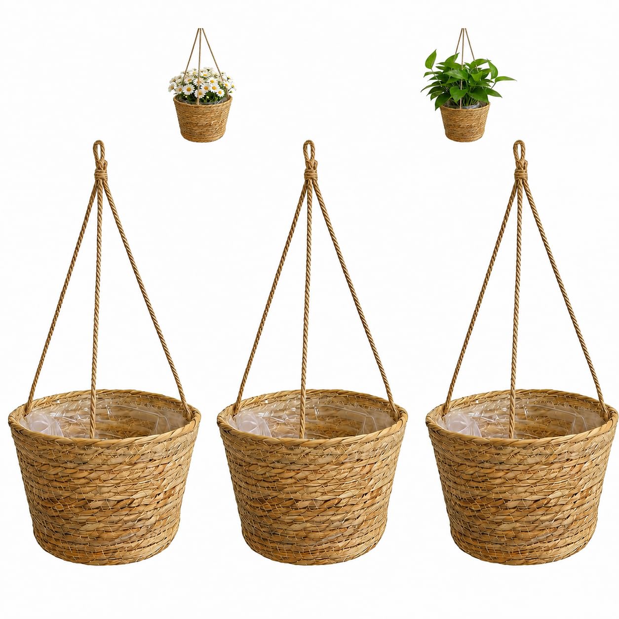 Domefahaso 3-Pack Seagrass Hanging Plant Pot, Natural Blumenampel Style Handwoven Hanging Baskets with Liner