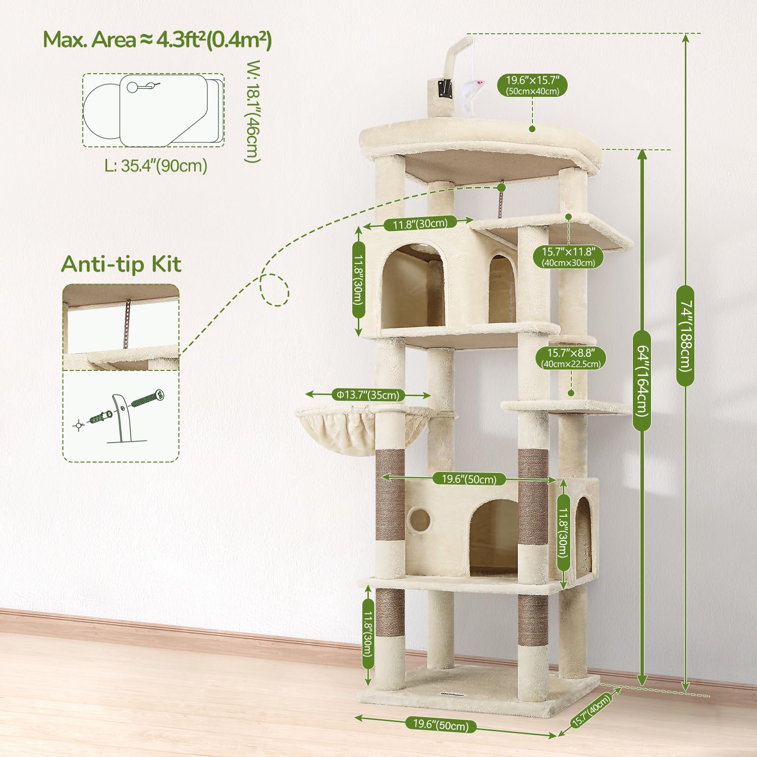 Globlazer Árbol Rascador para Gatos Beige Grande 188 cm Alto con 2 Nidos, Grande Plataforma Acolchada, Felpa Cesta, Peluche Juguetes, Estable Torre para Gatos Adultos Descansar Jugar (F74B, Beige)