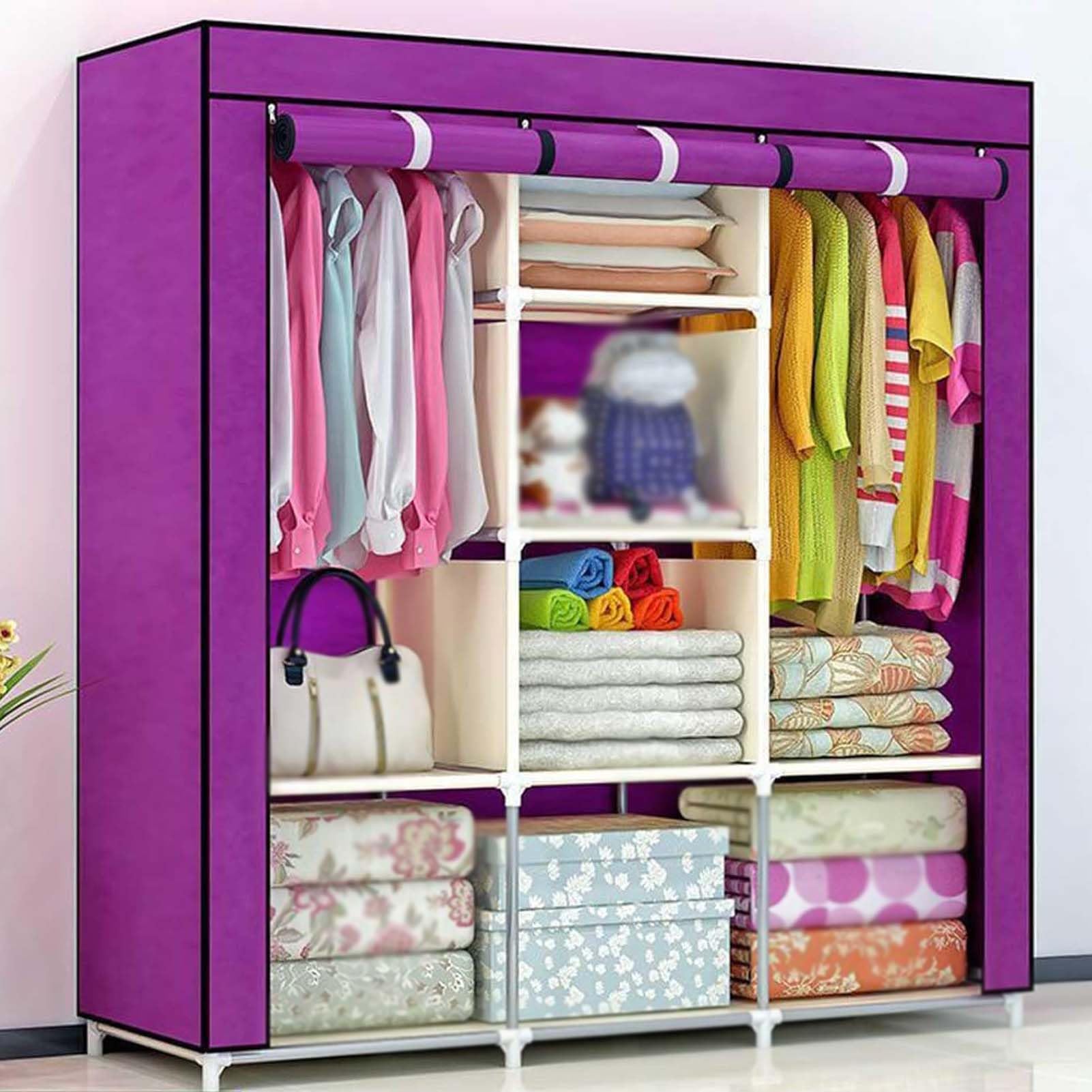 Armario de tela resistente de 118cm con puertas y barras para colgar ropa