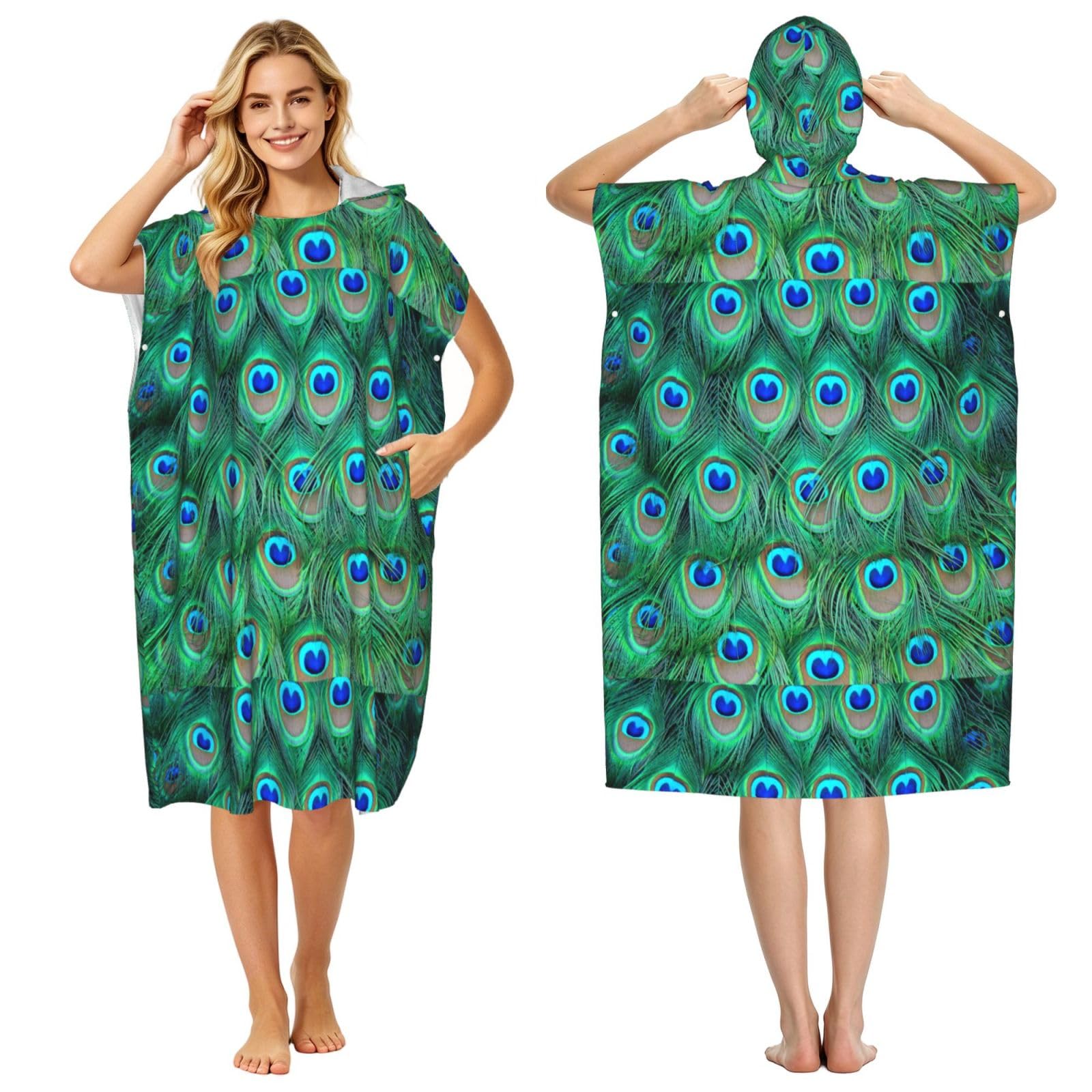 Poadnly Adorable Green Peacock, Adult Hooded Beach Towel 90 x 110 cm,Changing Bath Robe, Surf Poncho Towel For Women Men
