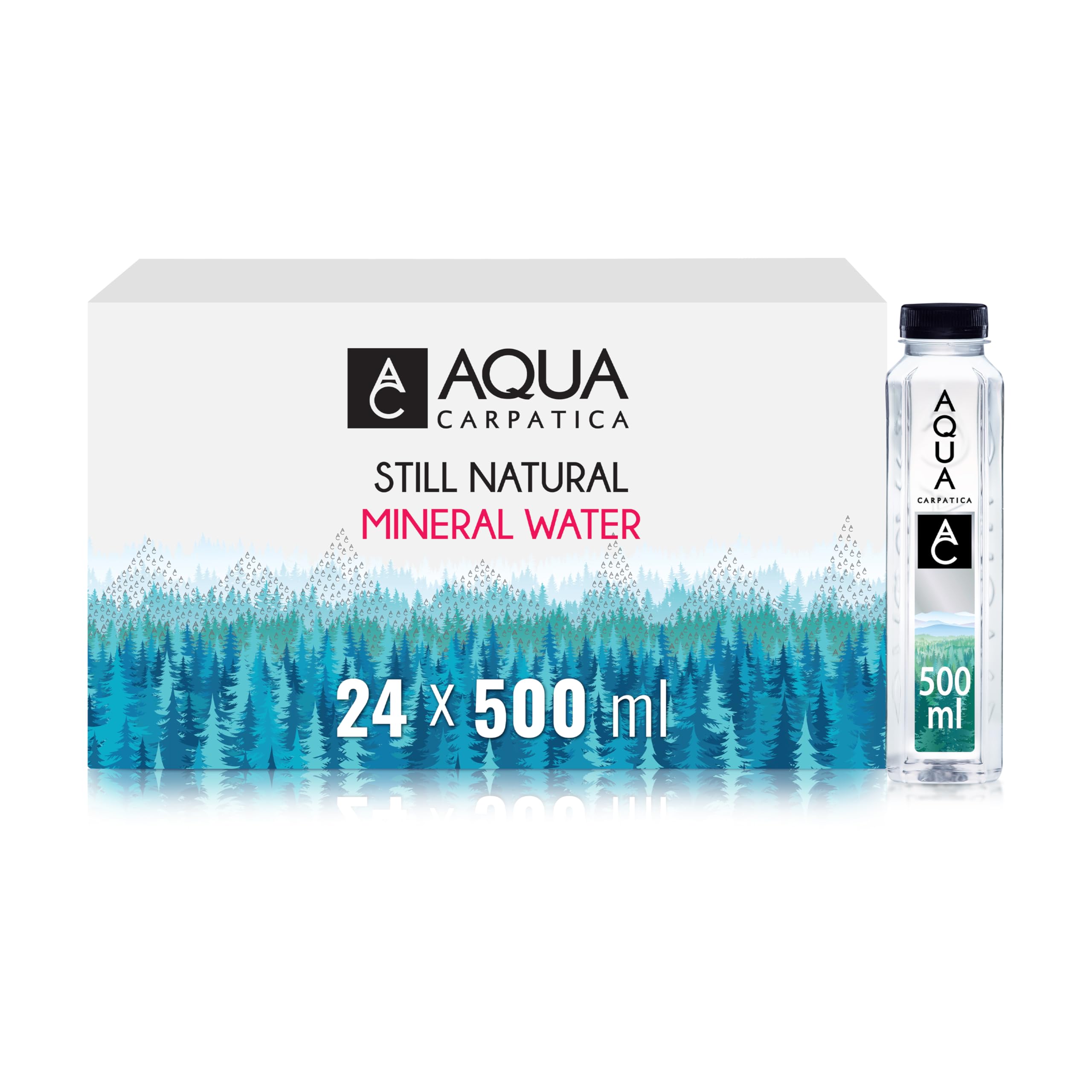 AQUA Carpatica 500ml x 24 Pure Natural Still Mineral Water - 24-Pack Bottled Water, Virtually Nitrate Free, Low Sodium, Naturally Alkaline, Natural Electrolytes, Premium Multipack 100% Recyclable