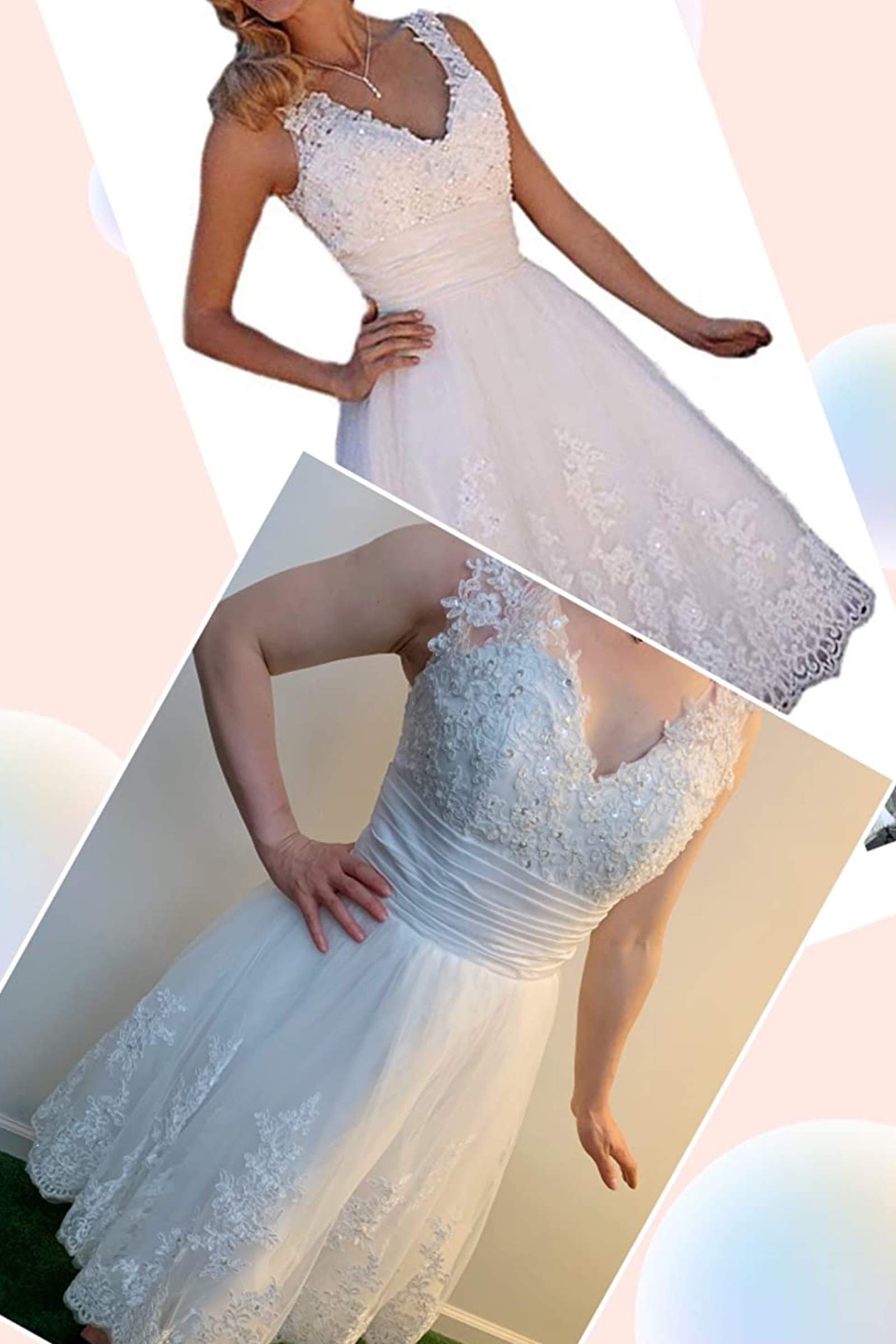 Robe de Mariée Courte Dentelle Tulle Robe de Mariée a - Word v - Neck, Ivoire, 42