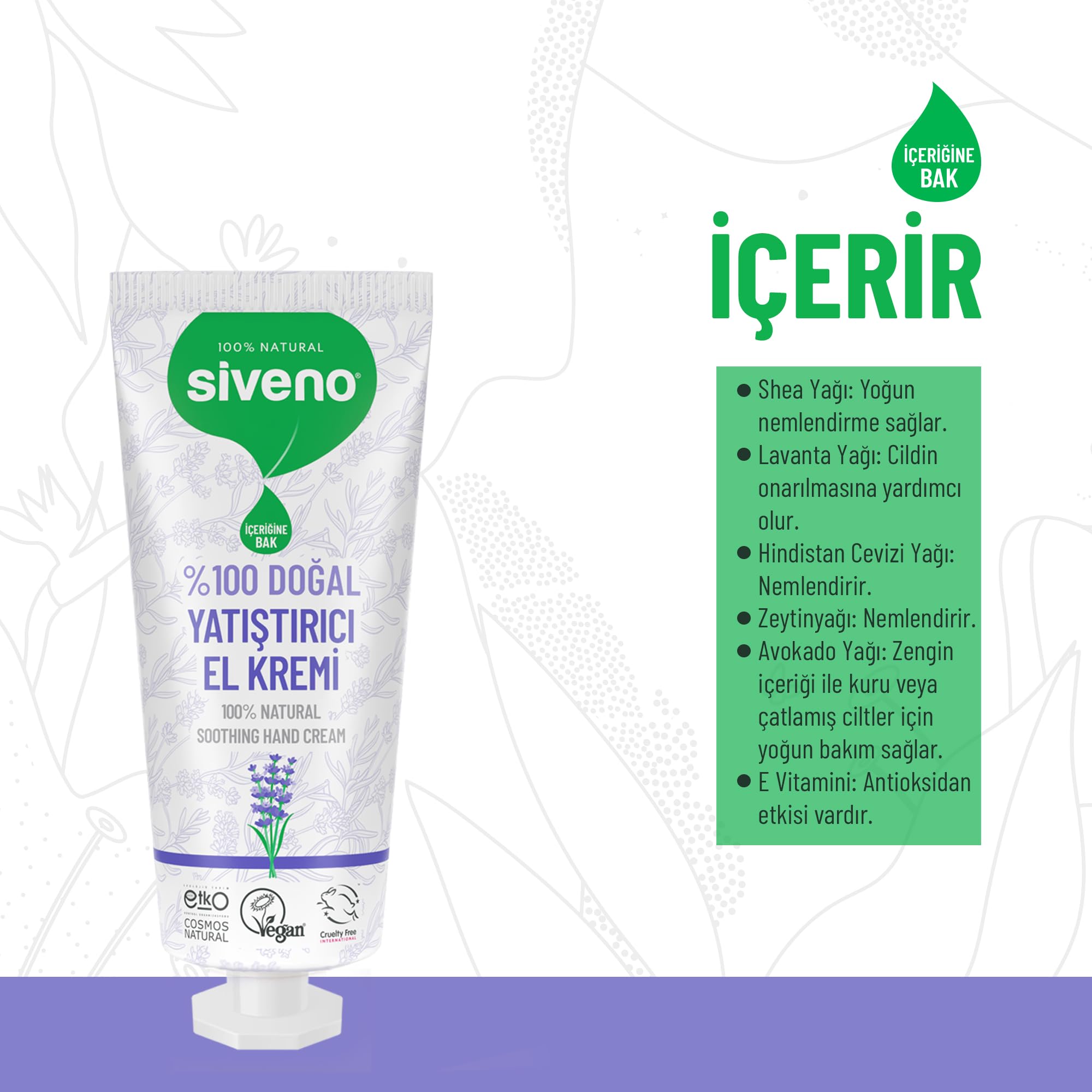 Siveno%100 Doğal El ve Vücut Kremi Lavanta Cilt Yatıştırıcı Onarıcı Yoğun Nemlendirici Vegan 30 ml