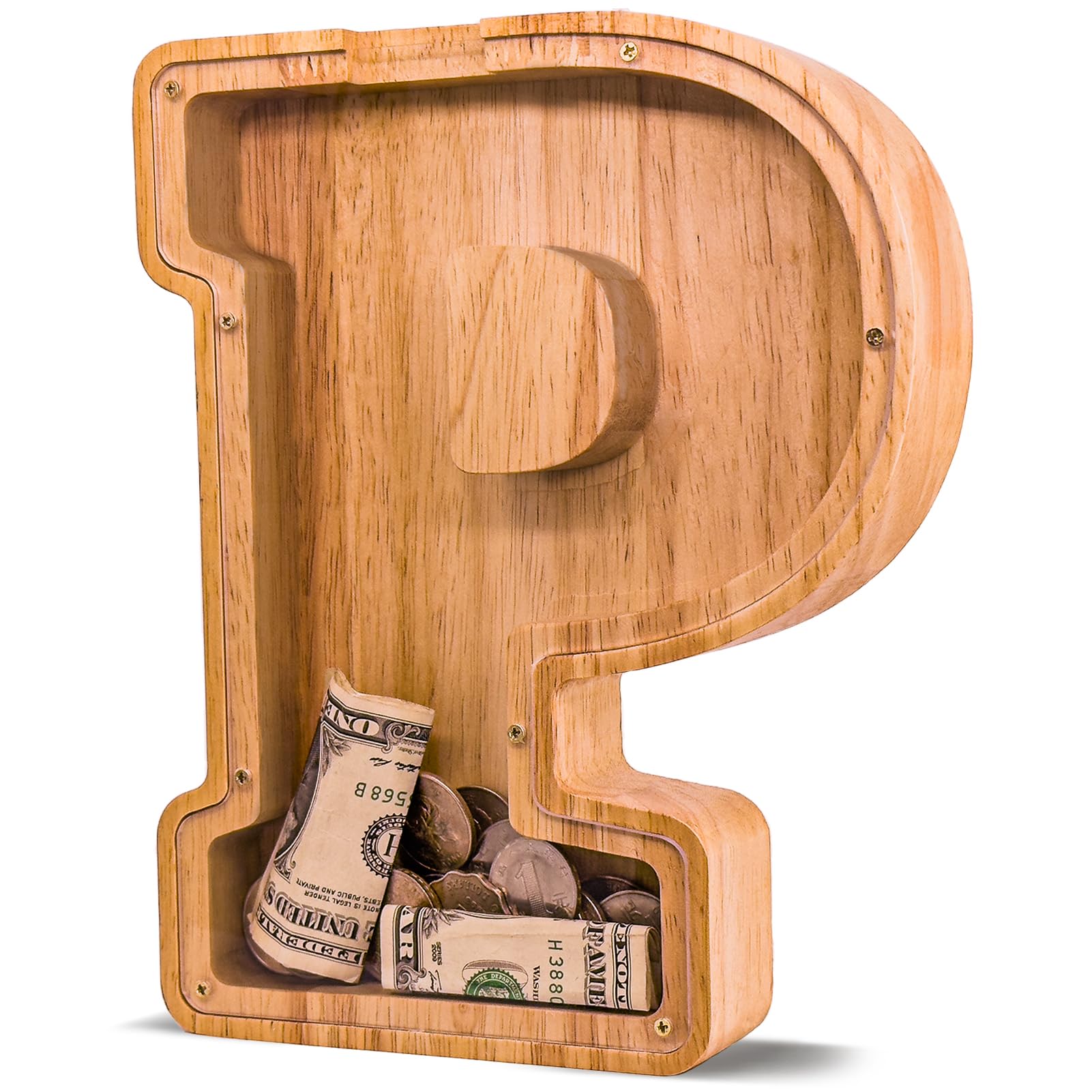 JOOMLAFLY Wooden Letter Piggy Bank for Kids Larger Letter Piggy Bank for Boys and Girls Personalized Piggy Bank Initial Coin Bank Wood Kids Money Bank for Birthday and Festival