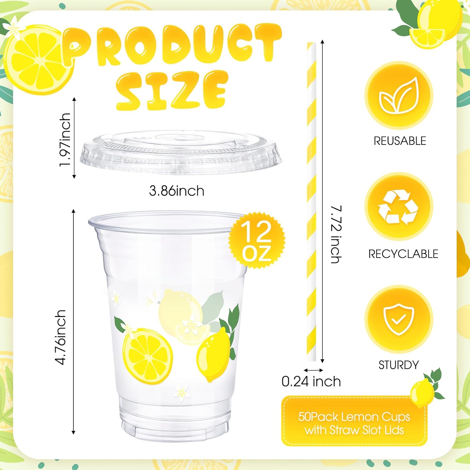 meekoo 50 Sets Lemon Plastic Cups with Lids Straws 12 oz Disposable Clear Yellow Lemon for Juice Water Coffee Summer Sports Party Birthday Baby Shower Supplies