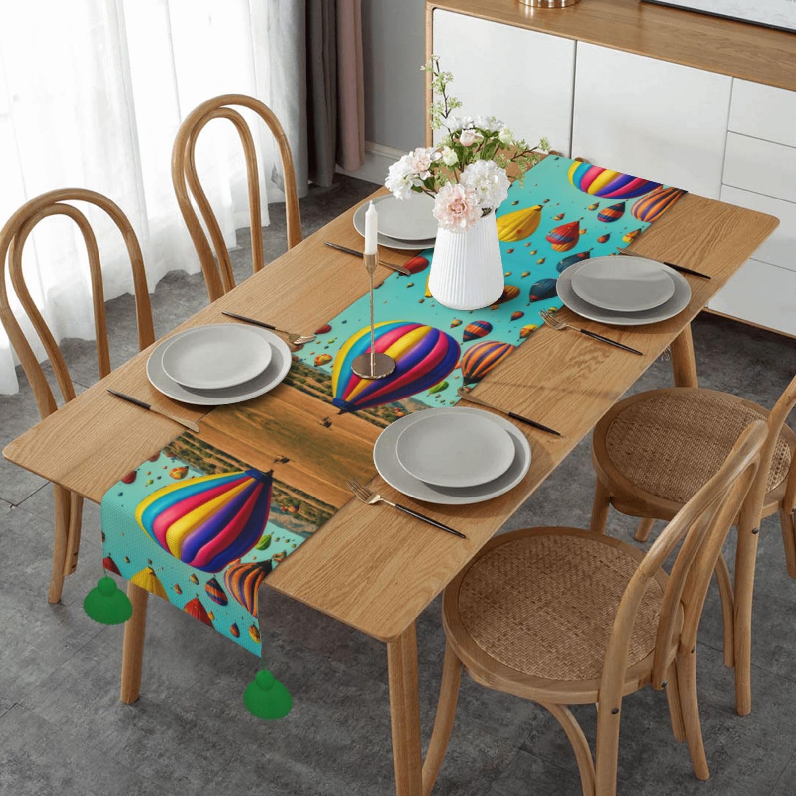 Chemin de table montgolfière et lavande imprimé en tissu pour décoration de salle à manger style ferme