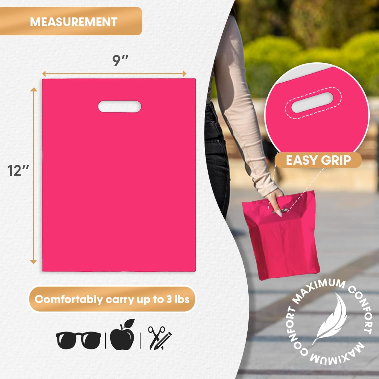 Merchandise Bags, Die Cut Handles, Strong, Durable, and Tear Resistant Bags Perfect for Retail, Boutiques, or Any Events, Different sizes and colors (Fuchsia, 9" x 12") image 2