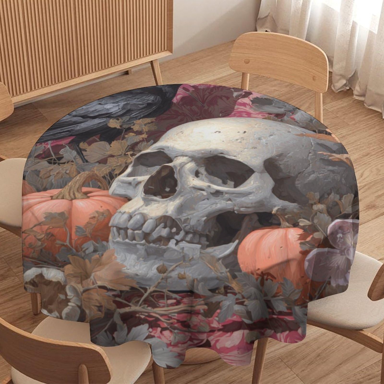 LUYYSKY Rustic Gothic Halloween Crow Round Tablecloth Classic Watercolor Skull Skeleton Animal Raven Pumpkins Washable Decor for Table Cover for Kitchen-91.4" Wx91.4 L cm