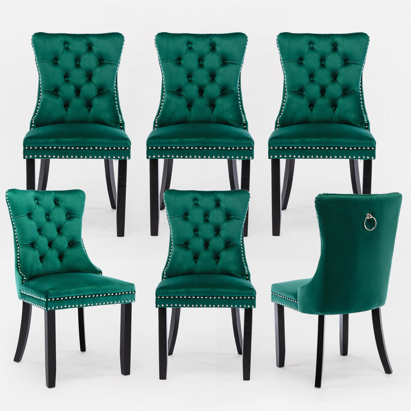 Lot de 6 chaises de Salle à Manger rembourrées en Velours de Style Moderne avec Garniture en tête de Clou et Pieds en Bois, Anneau de Traction en métal pour Salle à Manger, Salon (Vert)