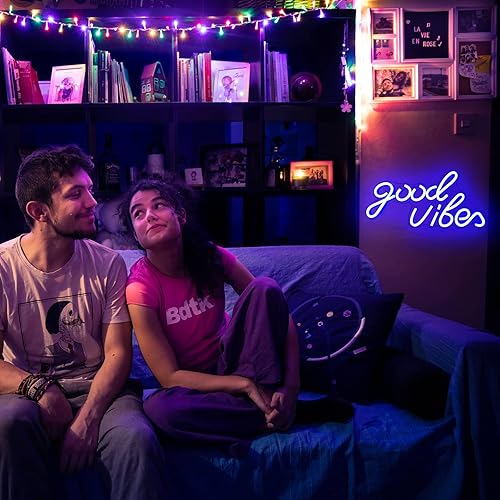 Miniatura 7 de Good Vibes - Letrero de neón LED para decoración de pared, luces de neón azules para dormitorio y fiesta, luz de neón brillante alimentada por USB