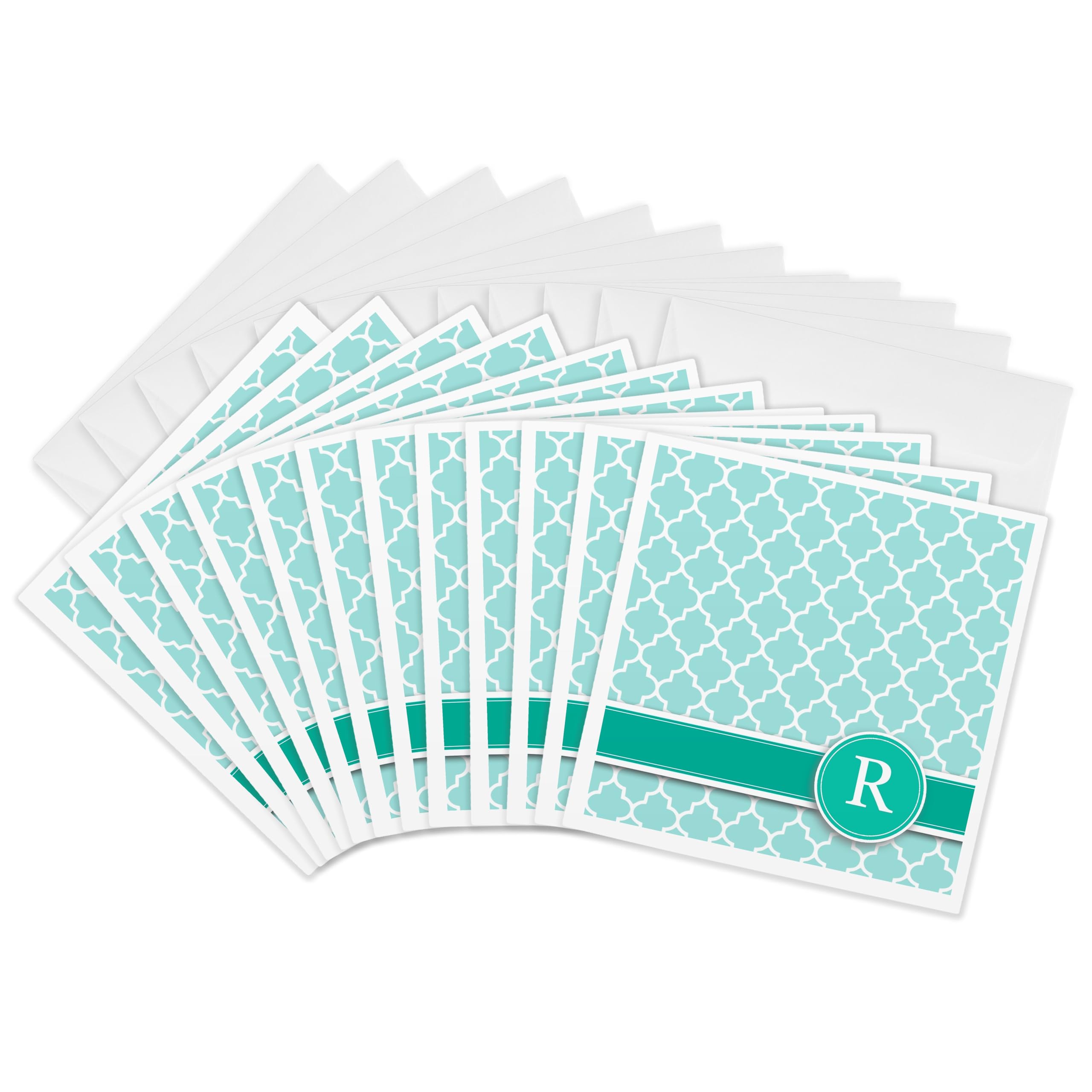 3dRose gc_154558_2 6 x 6-Inch "Personalized Letter R Aqua Blue Quatrefoil Pattern Teal Turquoise Mint Monogrammed Personal Initial" Greeting Card (Set of 12)