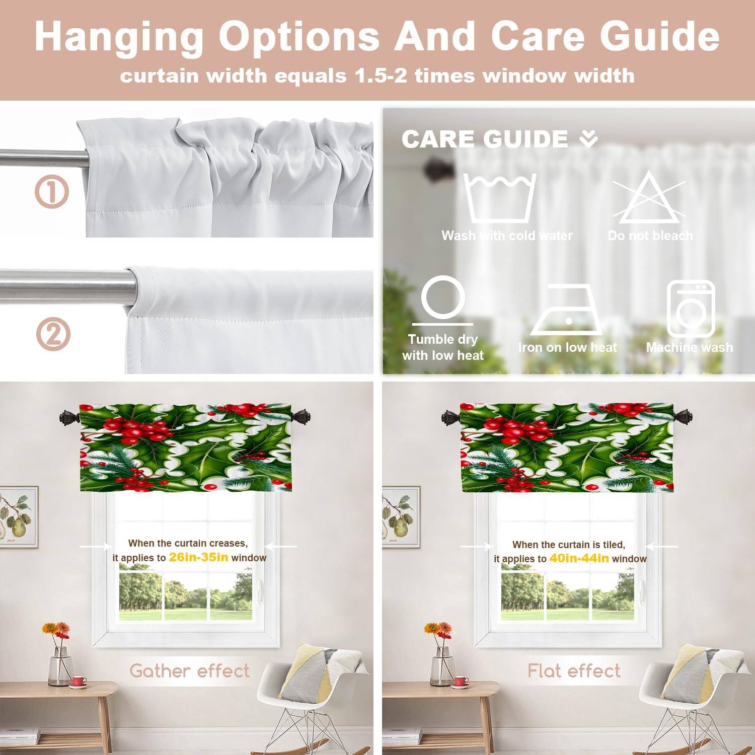 Shrahala Christmas Fir Branches Kitchen Valances, Green Fir Branches Red Holly Berry Half Window Curtain Window Treatment Multilayer Polyester Blackout for Living Room Bathroom 2 Pack 52 x 16 in
